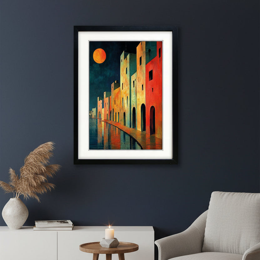 Framed art print featuring a colorful painting of Mediterranean-style buildings along a waterfront at night, with a large orange moon in the sky and reflections in the water, shown in a black frame with a white mat.