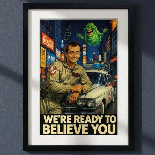A framed retro-style Ghostbusters poster print featuring a man in a beige jumpsuit leaning on a white car, with a green ghost floating above and the text 'WE'RE READY TO BELIEVE YOU' at the bottom. The print is shown in a black frame with a white mat against a light gray background.