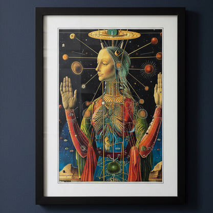 A framed surreal art print featuring a woman's profile with raised hands, surrounded by celestial bodies and geometric lines on a dark background, mounted on a dark blue wall.