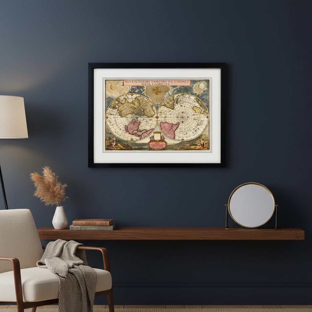 A framed vintage double-hemisphere world map print with an ornate black frame and white mat, shown against a plain white background.