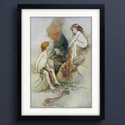 Framed art print featuring a vintage-style illustration of two nude children in a soft, pastel-toned scene, enclosed in a black frame with a white mat.