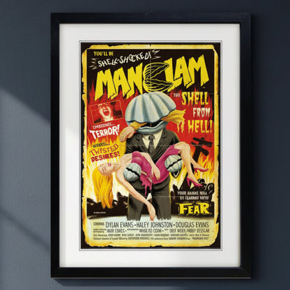 A framed vintage-style movie poster for 'Man clam with a black frame and white mat, shown against a plain dark blue background.