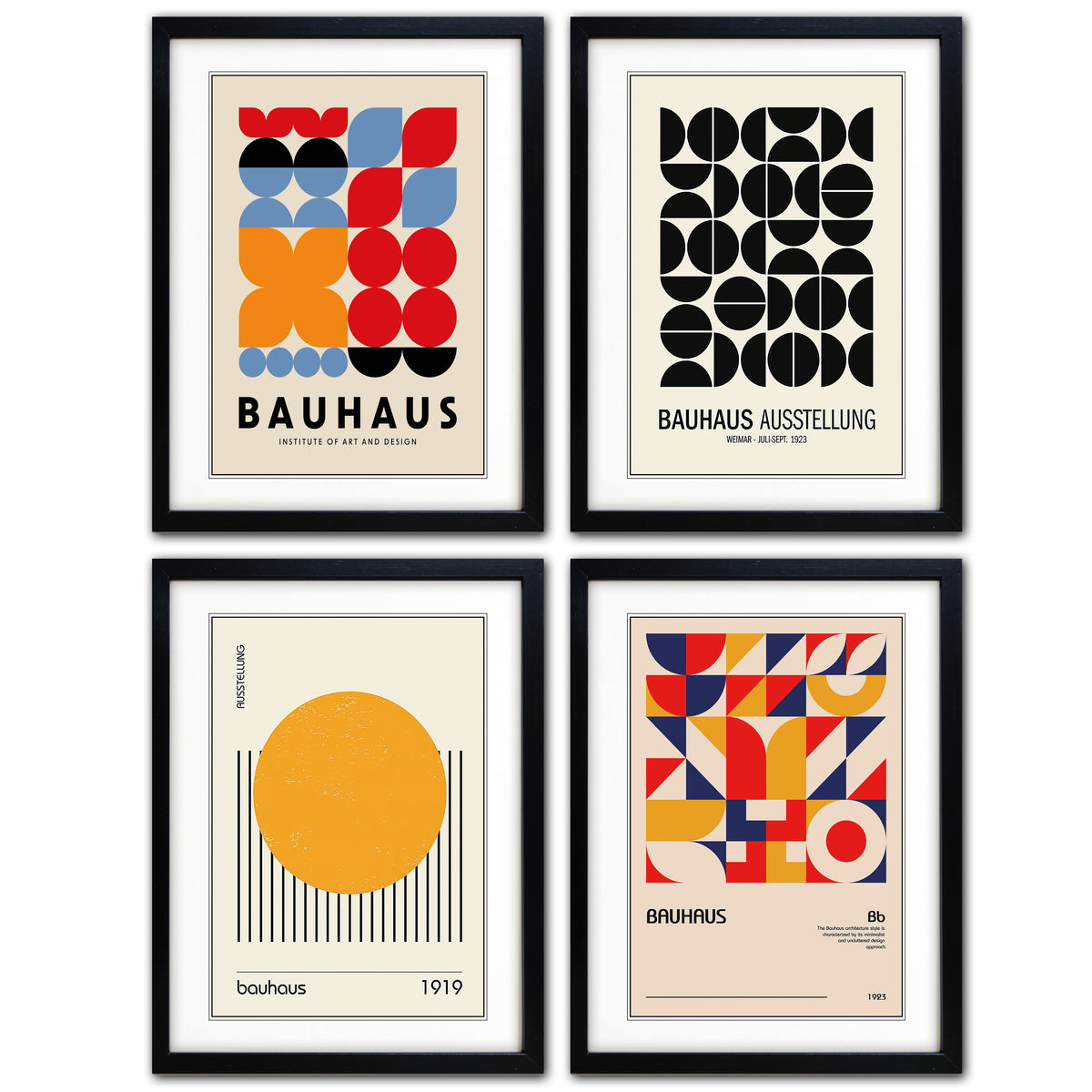 Four framed Bauhaus art prints arranged in a 2x2 grid on a white background. The prints feature abstract geometric designs in red, blue, yellow, black, and beige, with the words 'BAUHAUS' and 'Bauhaus Ausstellung' visible on two of the frames.