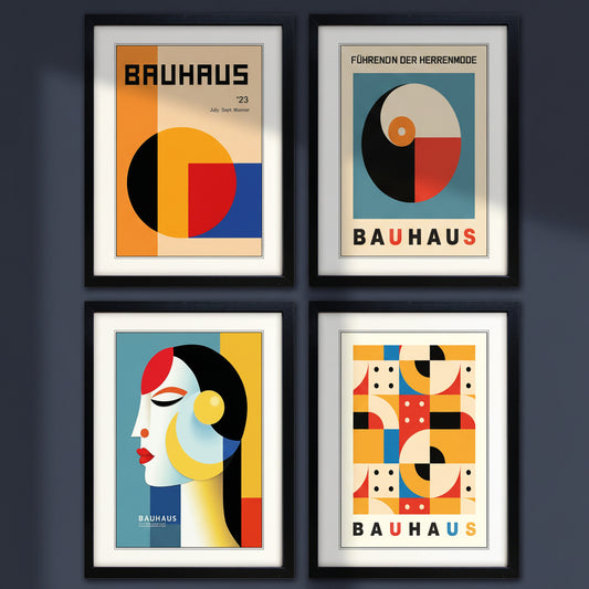 Set of four framed Bauhaus art prints arranged in a 2x2 grid on a white background. Each print features a different abstract geometric design in the classic Bauhaus style, with black frames and white mats.