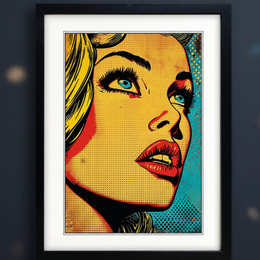 Framed pop art print featuring a stylized close-up portrait of a woman's face in bold yellow, orange, red, blue, and black halftone colors, shown against a plain white background.