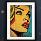 Framed pop art print featuring a stylized close-up portrait of a woman's face in bold yellow, orange, red, blue, and black halftone colors, shown against a plain white background.