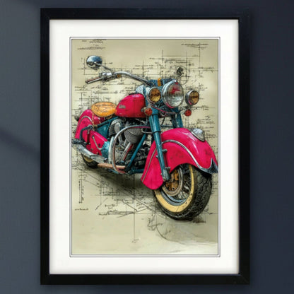 Framed wall art featuring a stylized illustration of a pink and teal motorcycle over a beige blueprint-style background, shown in a black frame with white matting.