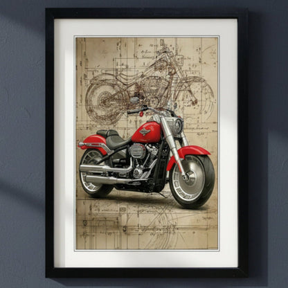Framed wall art featuring a red cruiser motorcycle over a vintage blueprint-style beige background, shown in a black frame with white matting.