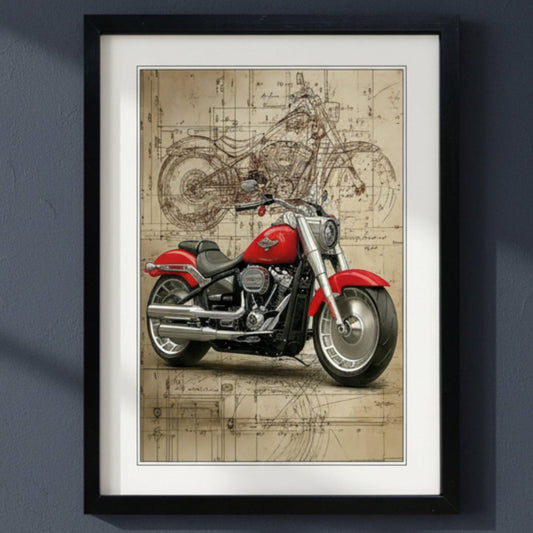 Framed wall art featuring a red cruiser motorcycle over a vintage blueprint-style beige background, shown in a black frame with white matting.