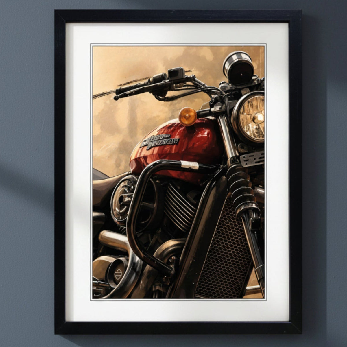 Framed wall art featuring a close-up motorcycle print with a red fuel tank, chrome engine details, and a warm beige background, shown in a black frame with white matting.