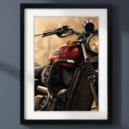 Framed wall art featuring a close-up motorcycle print with a red fuel tank, chrome engine details, and a warm beige background, shown in a black frame with white matting.