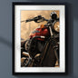 Framed wall art featuring a close-up motorcycle print with a red fuel tank, chrome engine details, and a warm beige background, shown in a black frame with white matting.
