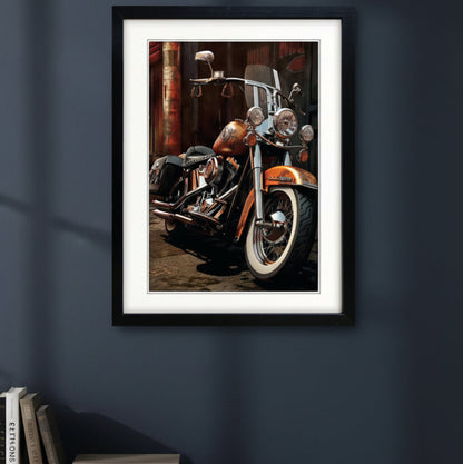 A framed art print of a vintage orange-brown motorcycle, displayed on a dark navy blue wall above a stack of books.