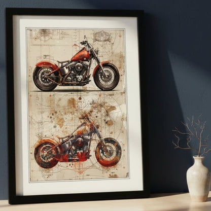 Framed wall art featuring two vintage-style motorcycle illustrations on a distressed beige background, enclosed in a black frame with a white mat.