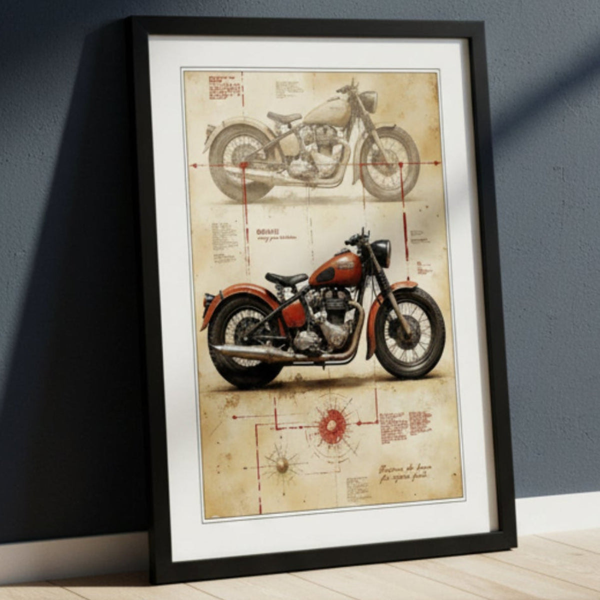 A framed vintage motorcycle art print leaning against a dark blue-gray wall on a light wood floor. The print features a sepia-toned blueprint-style background with a red and black motorcycle illustration and technical drawing elements.