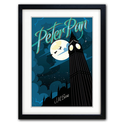 A framed Peter Pan art print featuring a stylized night scene with the Tower of London, a full moon, flying broomsticks, and the title 'Peter Pan' in large teal lettering. The print is shown with a white mat and a black frame against a light gray background.