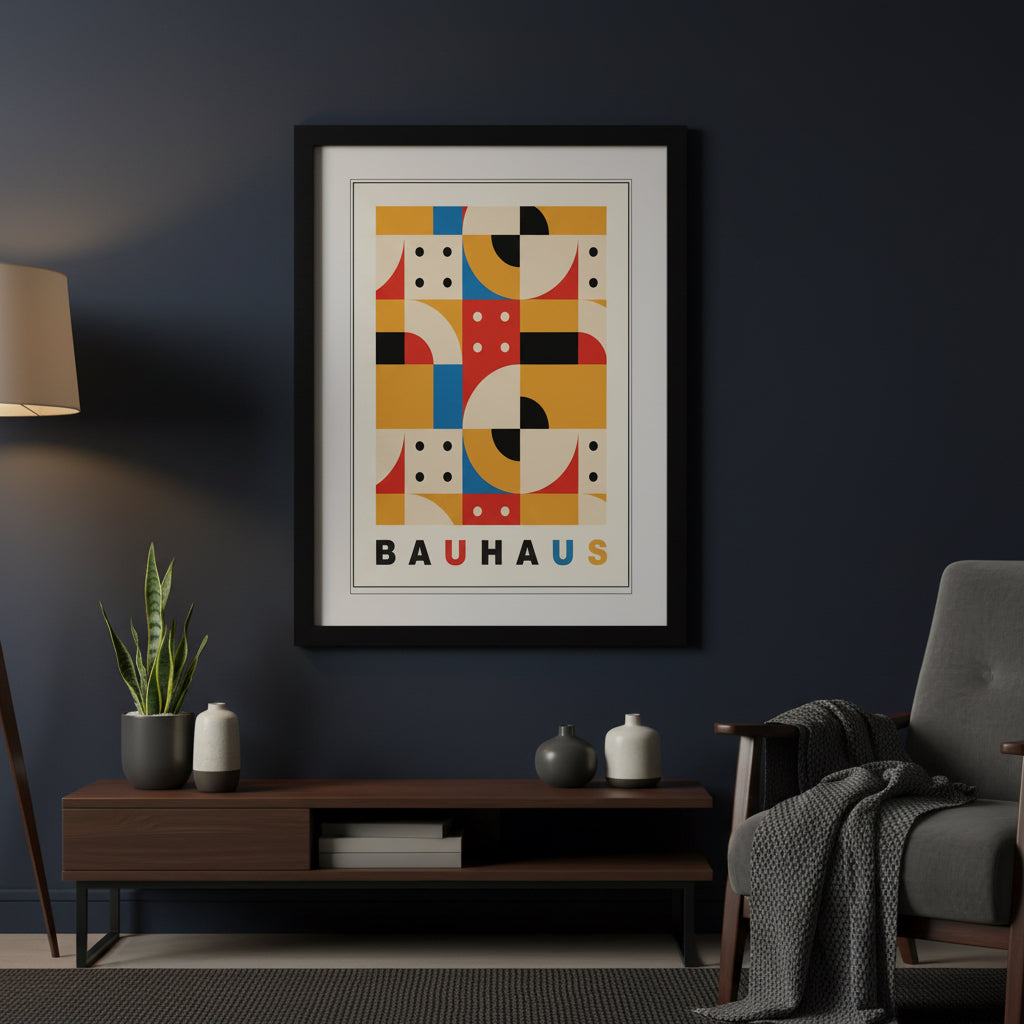 A framed Bauhaus art print featuring a colorful geometric abstract design with the word 'BAUHAUS' at the bottom, enclosed in a black frame against a white background.