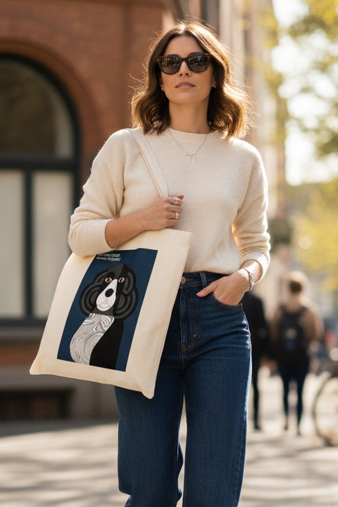 A cream-colored canvas tote bag featuring a graphic print of a stylized black and white dog portrait on a dark blue background, with the text 'OHRADIUS-STUDIE: SPINNEL PORTRAIT' at the top.