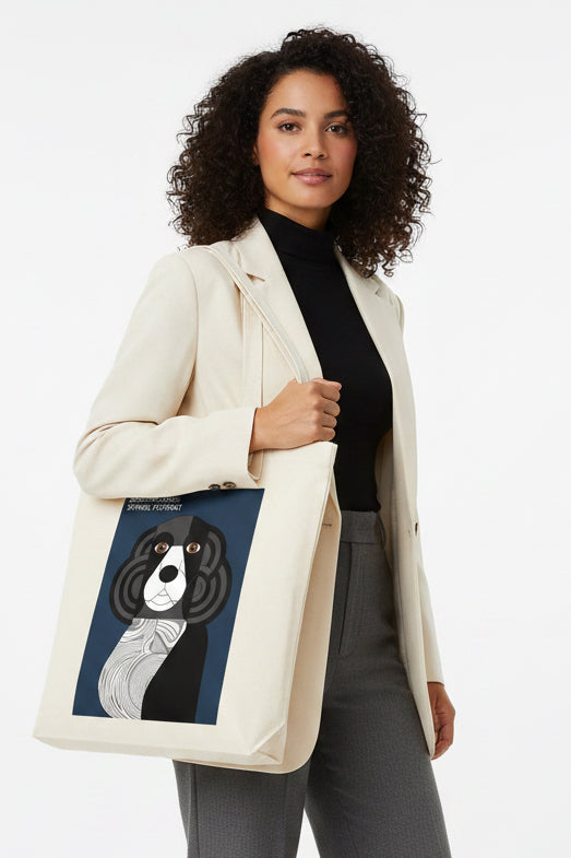 A cream-colored canvas tote bag featuring a graphic print of a stylized black and white dog portrait on a dark blue background, with the text 'OHRADIUS-STUDIE: SPINNEL PORTRAIT' at the top.