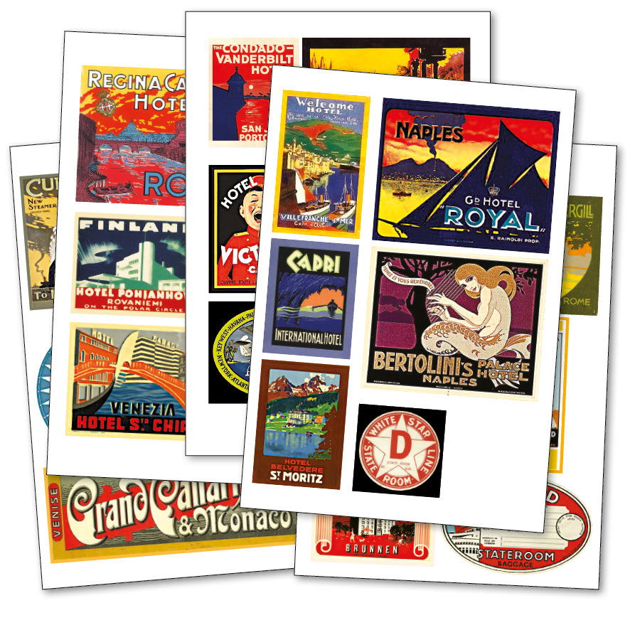 Vintage luggage label stickers by Bubbadoodoo on a suitcase, featuring retro-inspired design for vintage trunks and travel luggage.