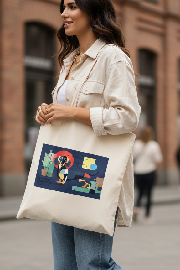 A natural canvas tote bag with a colorful geometric art print on the front, featuring a dachshund and the text 'SNOWBOARD: ARCHITECTURE FOR FUTURE GENERATIONS'.