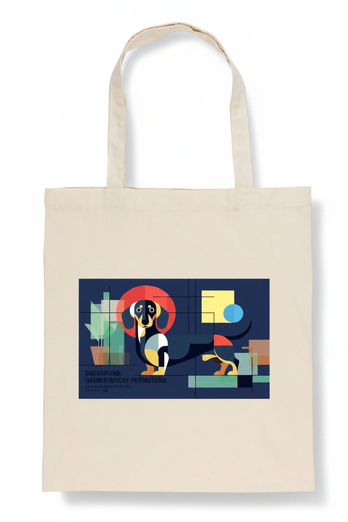 A natural canvas tote bag with a colorful geometric art print on the front, featuring a dachshund and the text 'SNOWBOARD: ARCHITECTURE FOR FUTURE GENERATIONS'.