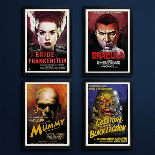 Set of four framed vintage horror movie posters displayed together on a white background, including The Bride of Frankenstein, Dracula, The Mummy, and Creature from the Black Lagoon.