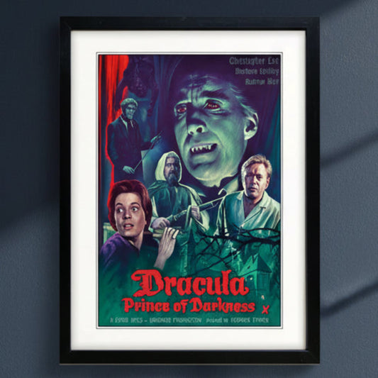 A framed vintage-style Dracula poster print with a black frame and white mat, featuring illustrated characters and the title 'Dracula: Prince of Darkness' in red text.