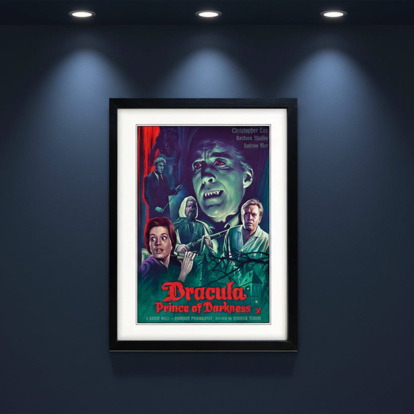 A framed vintage-style Dracula movie poster print with a black frame and white mat, featuring illustrated characters and the title 'Dracula: Prince of Darkness' in red text.