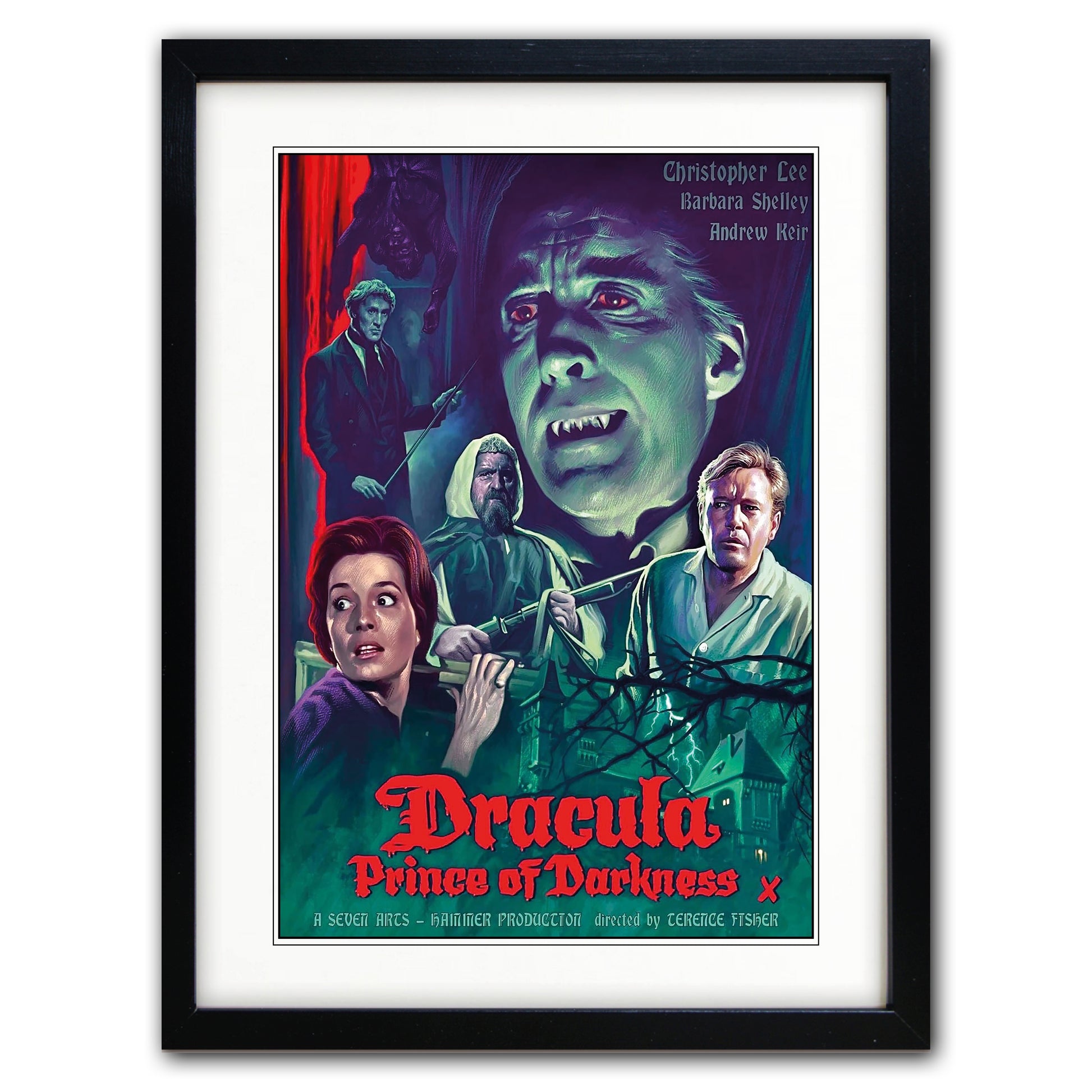 A framed vintage-style Dracula poster print with a black frame and white mat, featuring illustrated characters and the title 'Dracula: Prince of Darkness' in red text.