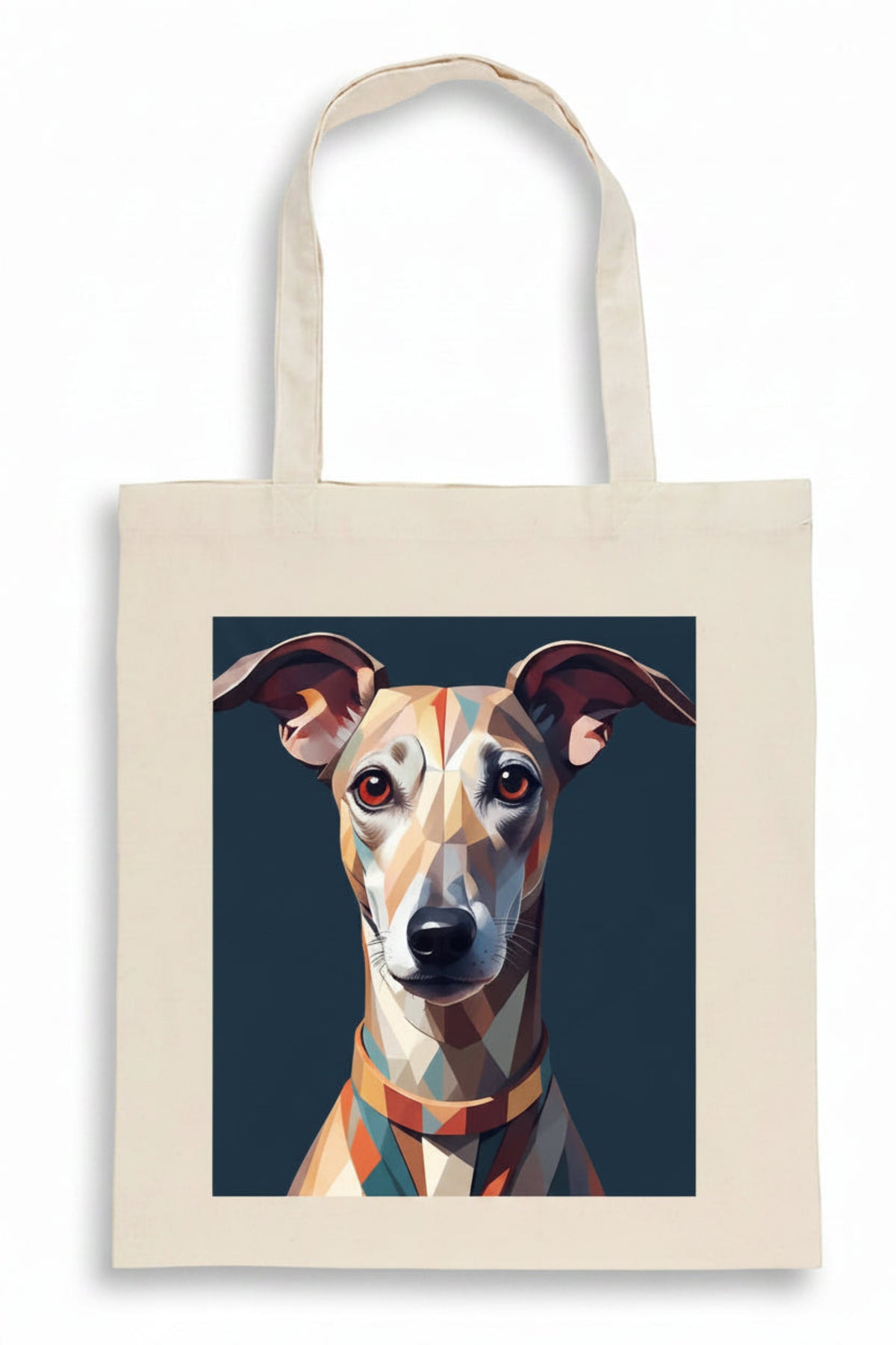 A cream-colored canvas tote bag featuring a stylized geometric art print of an Italian Greyhound dog on the front, set against a plain white background.