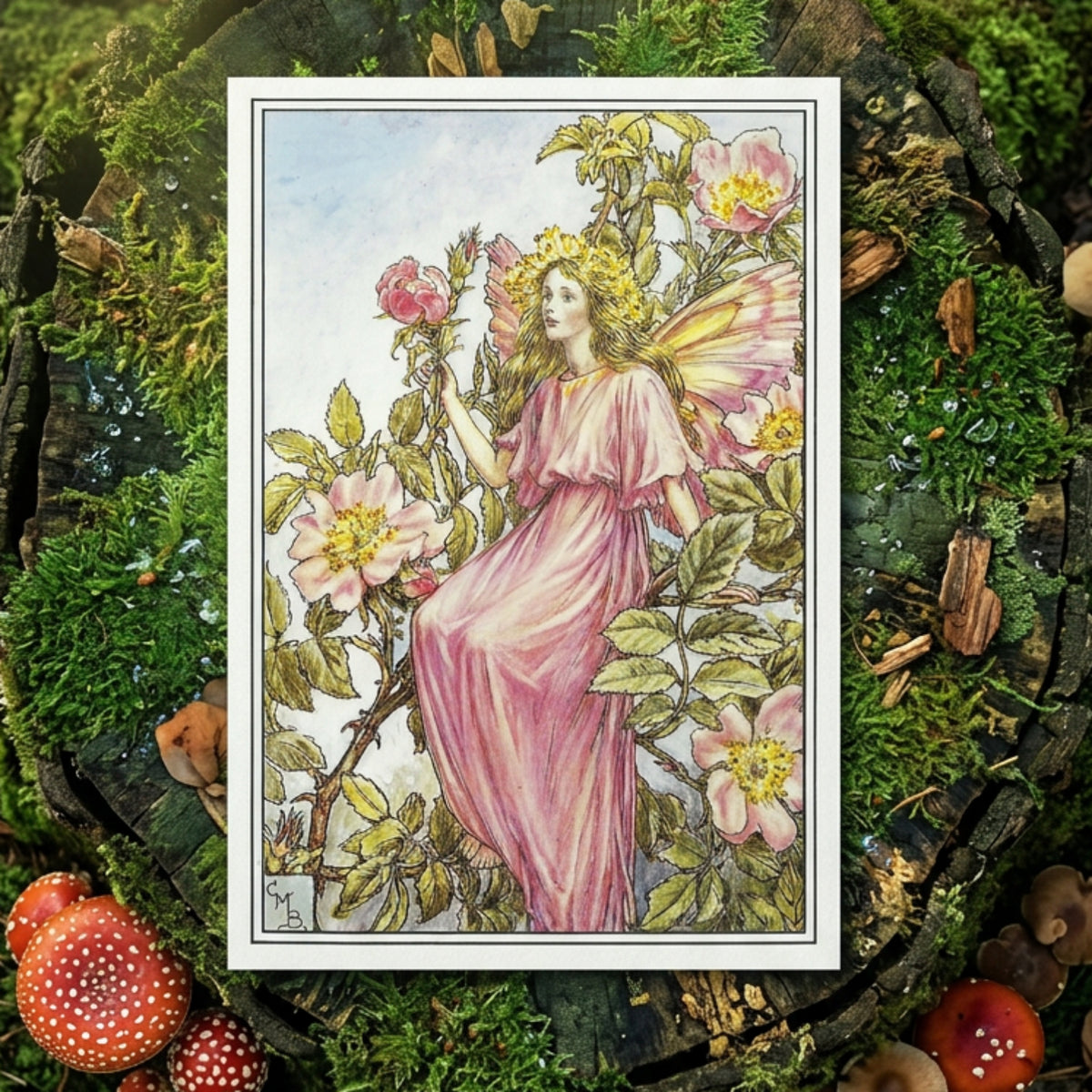 A vintage-style fairy illustration surrounded by pink roses and green leaves. The fairy wears a flowing pink gown and a golden crown, with translucent pink wings, set against a pale sky background.