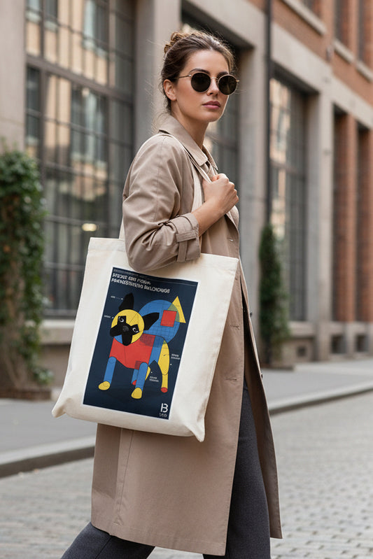 A cream-colored canvas tote bag featuring a graphic art print of a French Bulldog in a geometric, color-blocked style on a dark navy background. The print includes German text and a small white 'B 1924' logo in the bottom right corner.