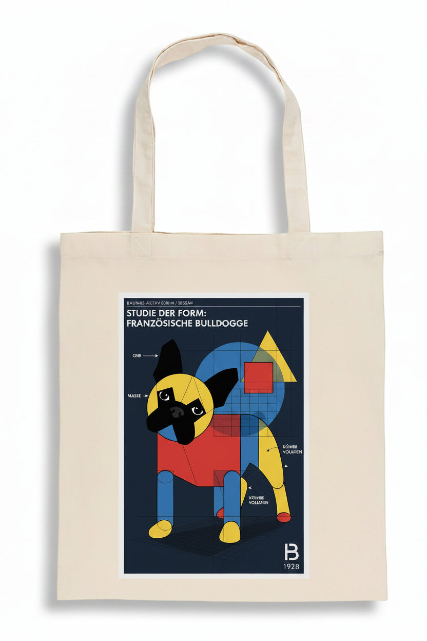 A beige canvas tote bag with long handles, featuring a graphic print of a French Bulldog in a geometric, Bauhaus-inspired color scheme of red, yellow, blue, and black on a white background.