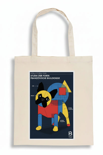 A beige canvas tote bag with long handles, featuring a graphic print of a French Bulldog in a geometric, Bauhaus-inspired color scheme of red, yellow, blue, and black on a white background.