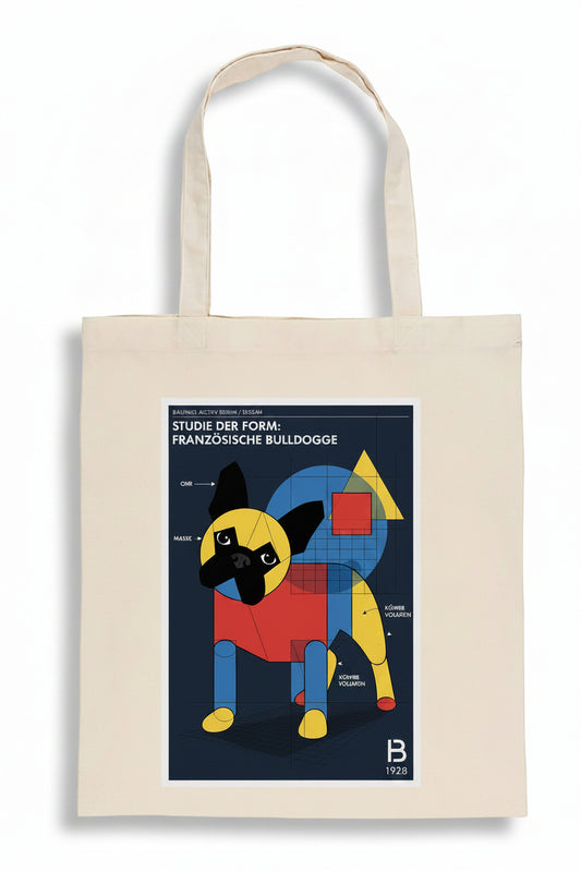 A beige canvas tote bag with long handles, featuring a graphic print of a French Bulldog in a geometric, Bauhaus-inspired color scheme of red, yellow, blue, and black on a white background.