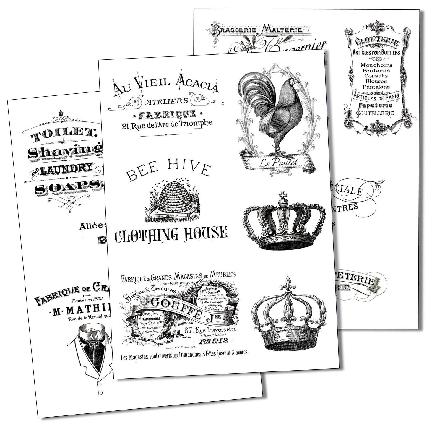 French Vintage Signage | Self-Adhesive Craft Paper | Set of 3 Sheets