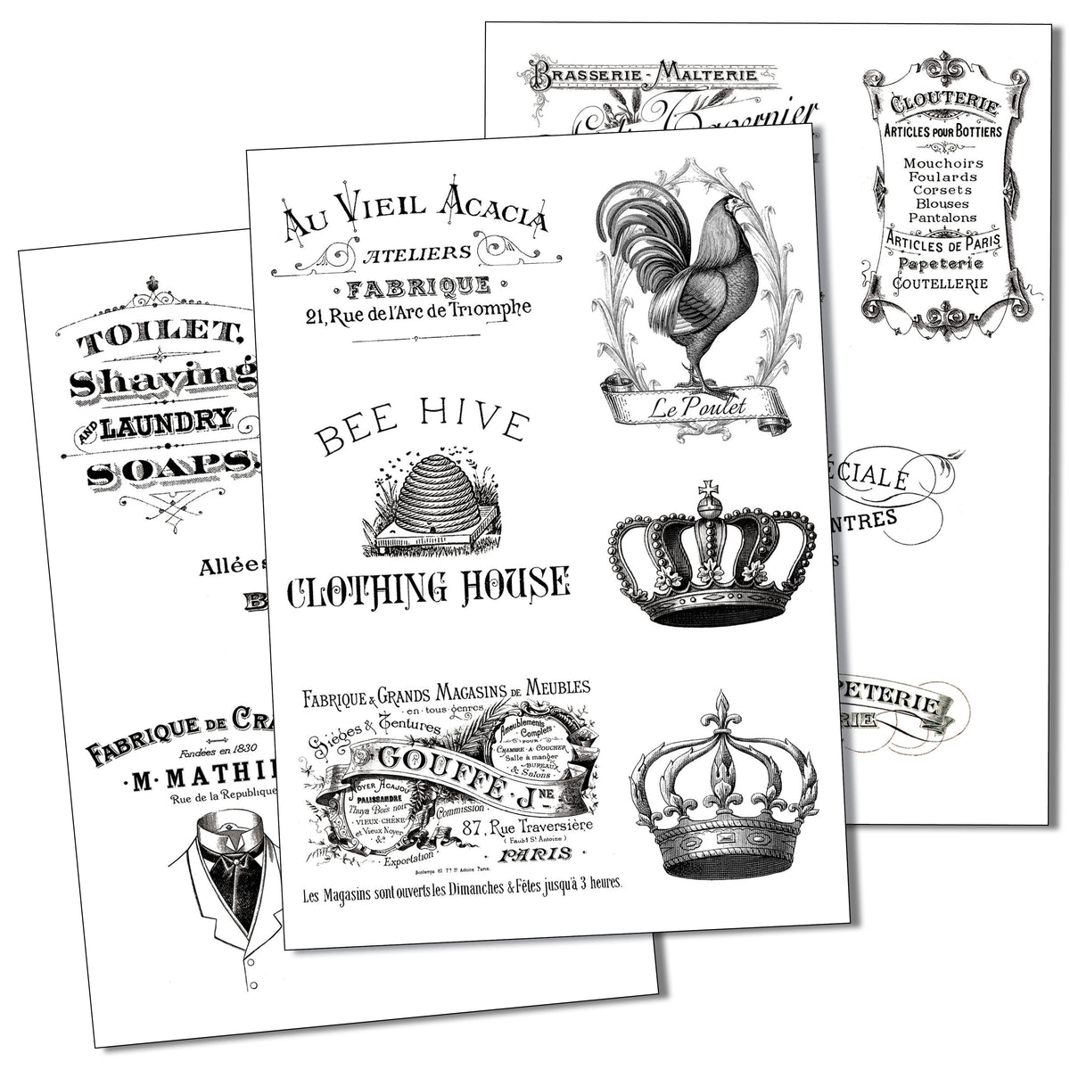 French Vintage Signage | Self-Adhesive Craft Paper | Set of 3 Sheets