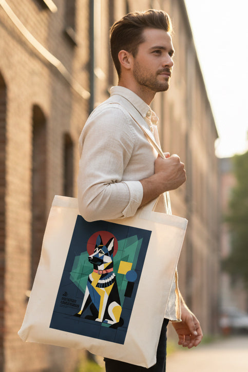 A natural canvas tote bag featuring a stylized graphic illustration of an Egyptian dog (Djinn) in geometric colors on the front, set against a plain white background.