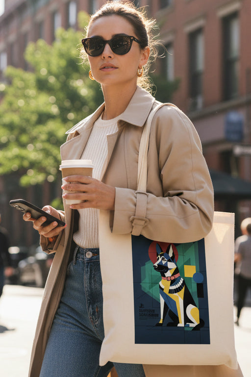 A natural canvas tote bag featuring a stylized graphic illustration of an Egyptian dog (Djinn) in geometric colors on the front, set against a plain white background.