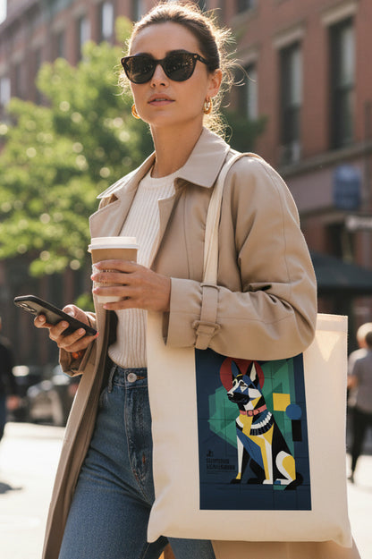 A natural canvas tote bag featuring a stylized graphic illustration of an Egyptian dog (Djinn) in geometric colors on the front, set against a plain white background.