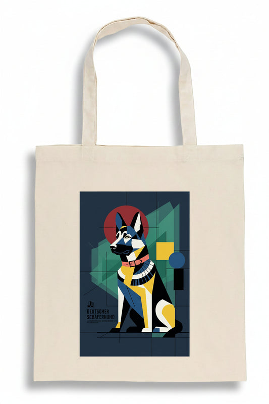A natural canvas tote bag featuring a stylized graphic illustration of an Egyptian dog (Djinn) in geometric colors on the front, set against a plain white background.