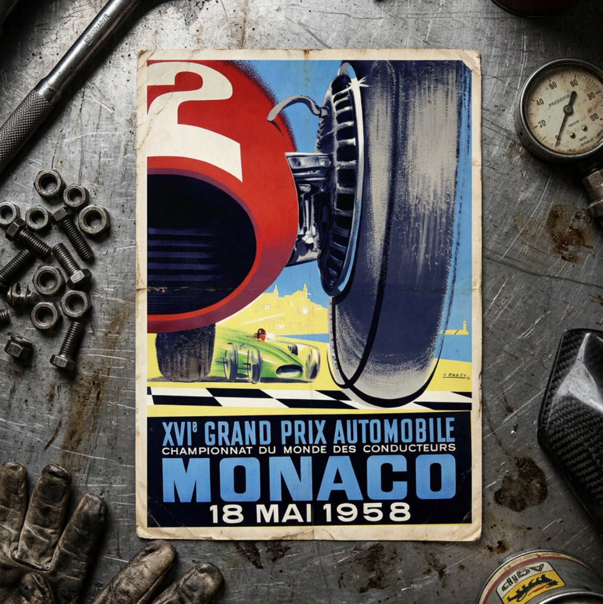 Vintage-style racing poster for the 1958 Monaco Grand Prix, featuring a close-up of a red race car wheel, a green race car in the distance, and bold blue text reading 'MONACO 18 MAI 1958'.