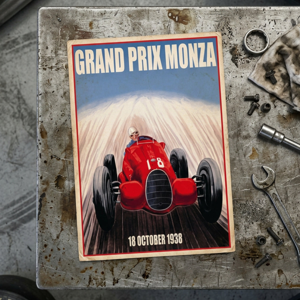 Vintage-style Grand Prix Monza poster artwork showing a red race car speeding down a track, with large white text reading 'GRAND PRIX MONZA' at the top and '18 OCTOBER 1938' at the bottom.
