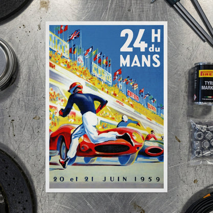 Vintage-style racing poster for the 24 Hours of Mans 1959, showing a driver in a red race car on a track with grandstands, flags, and large white text reading '24 H du MANS' and '20 et 21 JUIN 1959'.