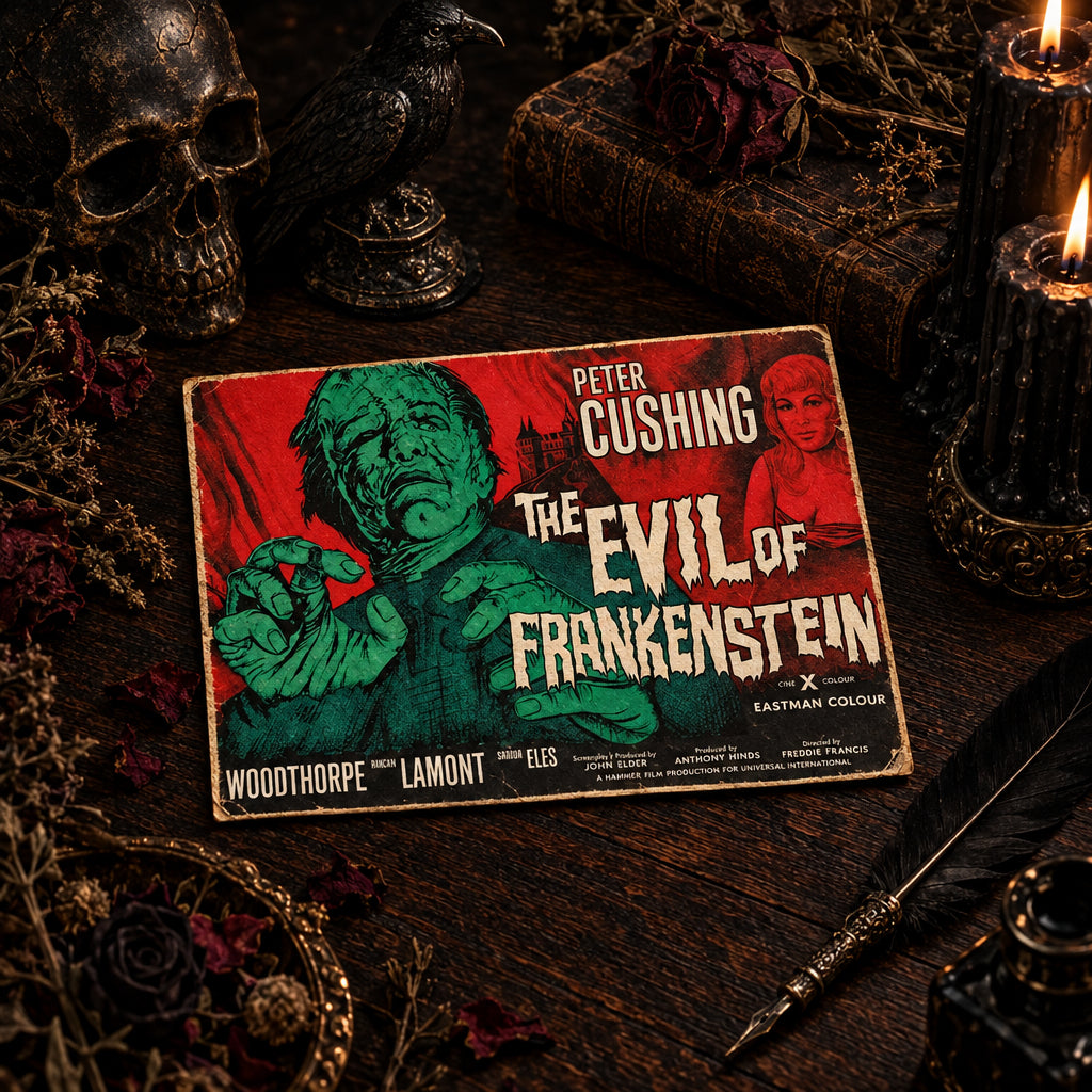 A vintage-style movie poster for 'The Evil of Frankenstein' featuring Peter Cushing, displayed flat on a dark wooden tabletop with books and a brass object partially visible around it.