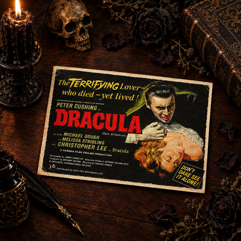 A vintage-style Dracula movie poster card is displayed on a dark wooden surface surrounded by gothic props including a candle, skull, old book, inkwell, and dried roses.