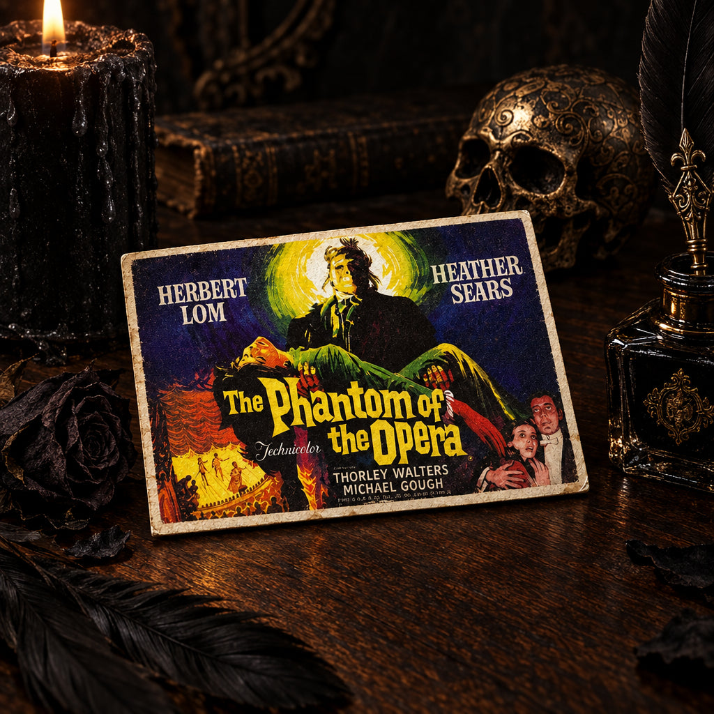 A vintage-style movie poster for 'The Phantom of the Opera' displayed on a dark wooden tabletop, surrounded by a ceramic mug, a pen, and a book.