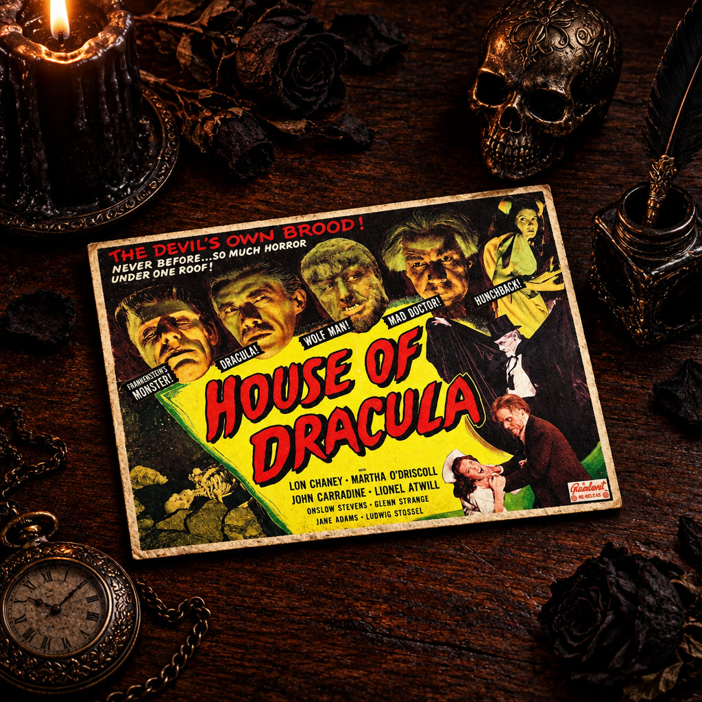 A vintage-style movie poster for the film 'House of Dracula' placed on a dark wooden surface. The poster features illustrated character portraits, large red title text, and a yellow central panel, with a small Collier Pictures logo in the lower right corner.