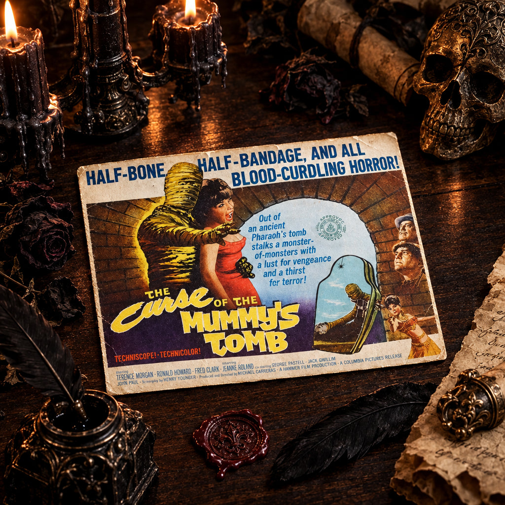 A vintage movie poster for 'The Curse of the Mummy's Tomb' resting on a dark wooden tabletop. The poster features classic illustrated artwork of a mummy and a woman, with bold yellow title text and blue header text.